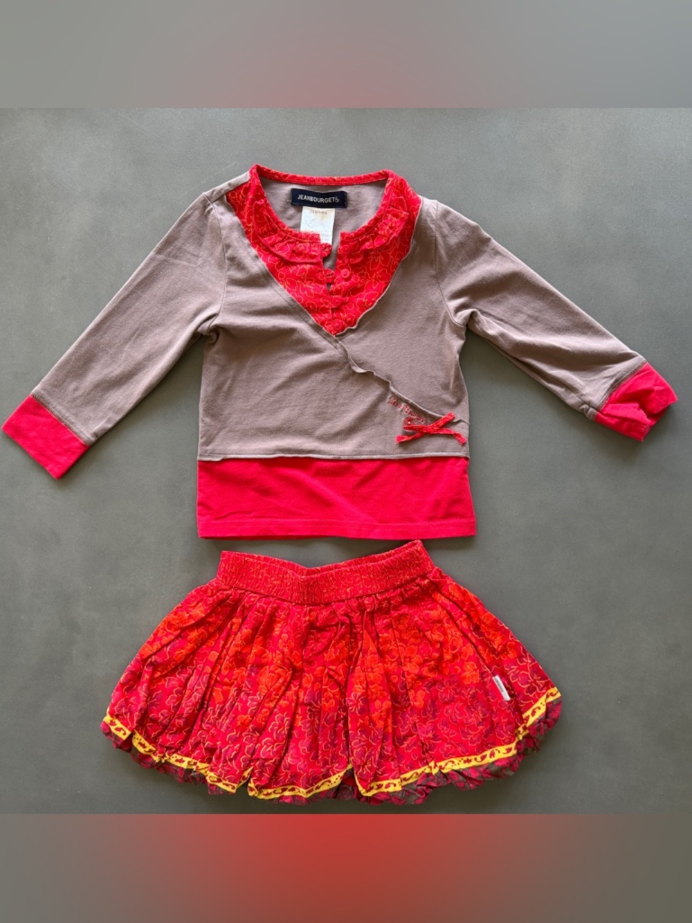 Jean Bourget Girls Taupe and Red Layered Top W/ Floral Red Skirt 23 Months